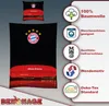 A product image featuring a pillow and a larger textile item, possibly a duvet cover, with the FC Bayern München logo and Allianz Arena graphic. Informational icons and text are displayed on the right side. Produktbild-Vorschau
