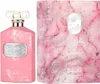 A pink perfume bottle and its matching box with a marble-like pattern. Podgląd zdjęcia produktu