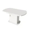 A white oval dining table with a pedestal base, shown against a white background.