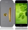 A flip case for a smartphone is shown open, revealing a credit card slot and the phone's screen displaying a nature scene. Produktbild-Vorschau