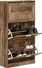 A brown wooden shoe cabinet with three flippable compartments, each holding pairs of shoes. Náhled obrázku produktu