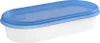 A clear studio shot of an oval-shaped plastic food storage container with a blue lid. Produktbild-Vorschau