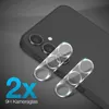 A close-up marketing image showing two camera lens protectors on a dark smartphone. Produktbild-Vorschau