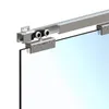 A close-up view of a sliding door hardware system, showing the mounting bracket and rollers attached to a glass panel. Produktbild-Vorschau