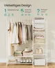 A white metal garment rack with shelves, displaying clothing, folded textiles, a hat, and a handbag. Produktbild-Vorschau