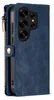 A blue wallet-style phone case for a Samsung Galaxy S25 Ultra is shown from the side, with the camera array visible. Produktbild-Vorschau
