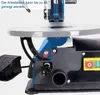 A close-up view of the operational parts of a scroll saw, focusing on the tilting table mechanism and controls. Produktbild-Vorschau