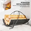 A firewood rack filled with logs, with a fireplace in the background. Produktbild-Vorschau