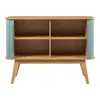 A wooden cabinet with blue ribbed doors and four open shelves, presented on a white background. Podgląd zdjęcia produktu