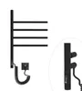 A black electric towel dryer with four foldable arms is shown against a white background. A close-up inset shows the control panel and heating elements. Náhľad obrázku produktu