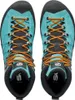 Trekking Schuhe für Damen; Modell "Mescalito TRK GTX Wmn" von Scarpa; in Türkis mit orangefarbenen Schnürsenkeln. Produktbild-Vorschau