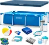 A collection of items for a swimming pool set, including the pool itself, a cover, a filter, a ball, and other accessories, laid out on a white background. Náhled obrázku produktu