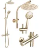 A collection of shower fixtures, including a shower head, handheld shower, and thermostat valve, all in a brushed gold finish. Produktbild-Vorschau