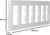 A white horizontal frame with six openings, likely for electrical outlets or switches, with dimensions indicated. Anteprima dell’immagine prodotto