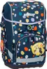 A dark blue backpack with a colorful polka dot pattern and a bear illustration on the front pocket. Voir les images du produit