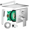 A collection of shower system components, including a shower head, hand shower, control valve, and rough-in valve, arranged against a white background. Produktbild-Vorschau