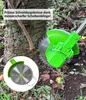 A close-up of a green electric trimmer with a circular saw blade attachment, positioned near the base of a tree trunk. A smaller inset image shows a close-up of the saw blade. The scene is outdoors with grass and fallen leaves. Produktbild-Vorschau