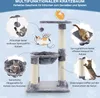 A diagram illustrating the features of a cat tree, with text descriptions and illustrations of cats interacting with different parts of the product. Náhľad obrázku produktu