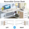 A white L-shaped desk with storage shelves and drawers, shown in a room setting and as two separate configurations. Anteprima dell’immagine prodotto