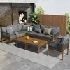 An outdoor patio setting with a sectional sofa, armchair, and coffee table. Voir les images du produit