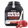 A black tub of Weider Mega Mass 4000 strawberry flavored protein powder is shown, with two scoops of strawberry ice cream and fresh strawberries in the foreground. Produktbild-Vorschau
