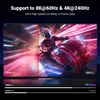 A split screen showing a futuristic racing scene on the left and a person riding a futuristic motorcycle on the right, with text overlays highlighting HDMI capabilities. Podgląd zdjęcia produktu