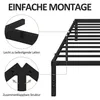 Diagrams illustrating the assembly and features of a black metal bed frame. Produktbild-Vorschau