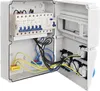 An open electrical distribution box with circuit breakers and wiring. Produktbild-Vorschau