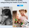 A split image showing a child sneezing on the left ('Before') and a mother and child smiling on the right ('After'), with a vacuum cleaner in the foreground. Produktbild-Vorschau