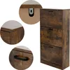 A collage of a brown shoe cabinet with three flip-down compartments, showing close-ups of its construction and handle. Náhľad obrázku produktu