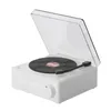A white Bluetooth speaker designed to look like a record player, shown with its lid open and a record on the turntable. Podgląd zdjęcia produktu
