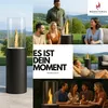A collage of images showing a freestanding ethanol fireplace in various outdoor and indoor settings with people enjoying it. Produktbild-Vorschau