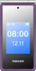 A close-up, front-facing view of a purple flip phone displaying the time and date on its screen.