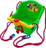 A green plastic baby swing with yellow and red accents, suspended by pink ropes. Náhľad obrázku produktu