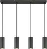 A product shot of a modern pendant light fixture with four cylindrical shades. Podgląd zdjęcia produktu