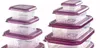 A set of clear plastic food storage containers with purple lids are stacked and arranged in two groups against a white background. Produktbild-Vorschau