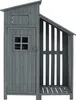A gray wooden garden shed with a door and a window, and an open storage area. Produktbild-Vorschau