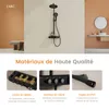 A collage of images showcasing a black shower system and its components, with descriptive text in French. Anteprima dell’immagine prodotto