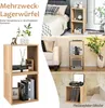 A collage of images showcasing a modular cube storage shelf in various home settings, including a bedroom, living room, and as a side table. Produktbild-Vorschau