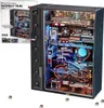A 3D puzzle marble run model with intricate details and lighting, displayed next to its packaging. Produktbild-Vorschau