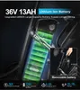 Close-up of an electric bike battery with text overlays highlighting its specifications. Produktbild-Vorschau