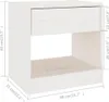 A white wooden nightstand with dimensions indicated by measurement lines and text. Produktbild-Vorschau