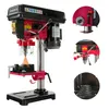 A collage of images showing a red and black drill press, with close-up views of its components and a detail of stacked weights. Produktbild-Vorschau