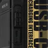 A close-up of the side of a black walkie-talkie, showing the charging port and a textured grip. Text overlays highlight features. Produktbild-Vorschau