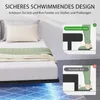 A bed with a mattress, pillows, and a blanket, next to diagrams illustrating the bed's floating design. Produktbild-Vorschau