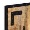 A close-up view of a wooden panel with black metal accents and screws. Produktbild-Vorschau