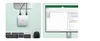 A collage showing a GEEKOM Mini PC connected to a laptop and a keyboard and mouse setup on the left, and a computer screen displaying spreadsheet software on the right. Produktbild-Vorschau