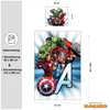 The image displays a collage of Marvel Avengers characters and product dimensions for a bedding set. The main image shows the Avengers characters in a comic book style, with a large 'A' graphic. Smaller text indicates the dimensions of the pillowcase and d Produktbild-Vorschau