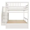 A white bunk bed with stairs on the left side, shown against a white background. Náhled obrázku produktu
