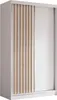 A white wardrobe with slatted wooden doors and a mirrored door. Produktbild-Vorschau